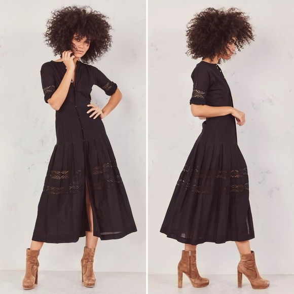 LoveShackFancy Dresses & Skirts - NWT LoveShackFancy
Edie Lace Short Sleeve Midi Shirt Dress in Black Size XS